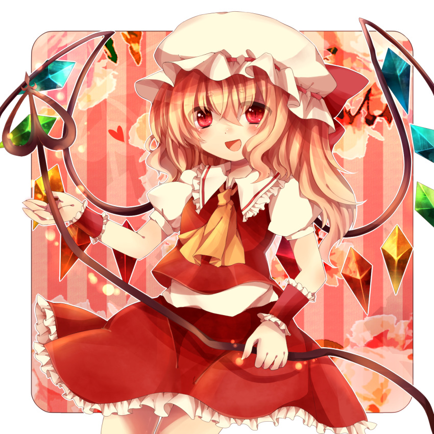 ascot blonde_hair blush flandre_scarlet hat highres laevatein maho_moco open_mouth red_eyes short_hair side_ponytail skirt slit_pupils solo the_embodiment_of_scarlet_devil touhou wings wrist_cuffs