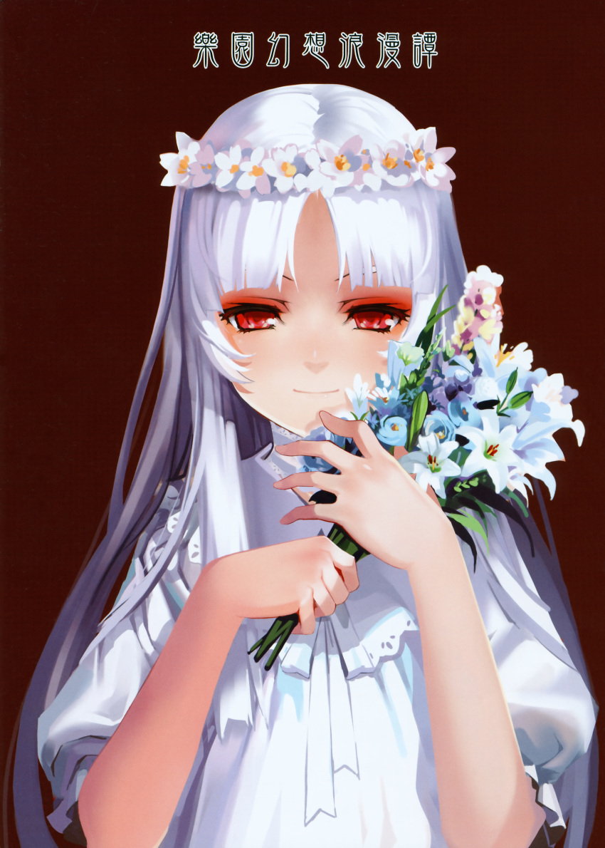 absurdres albino alphonse_(white_datura) bangs bouquet bust dress el elysion flower head_wreath highres light_smile long_hair parted_bangs puffy_sleeves red_eyes scan simple_background solo sound_horizon translation_request white_dress white_hair