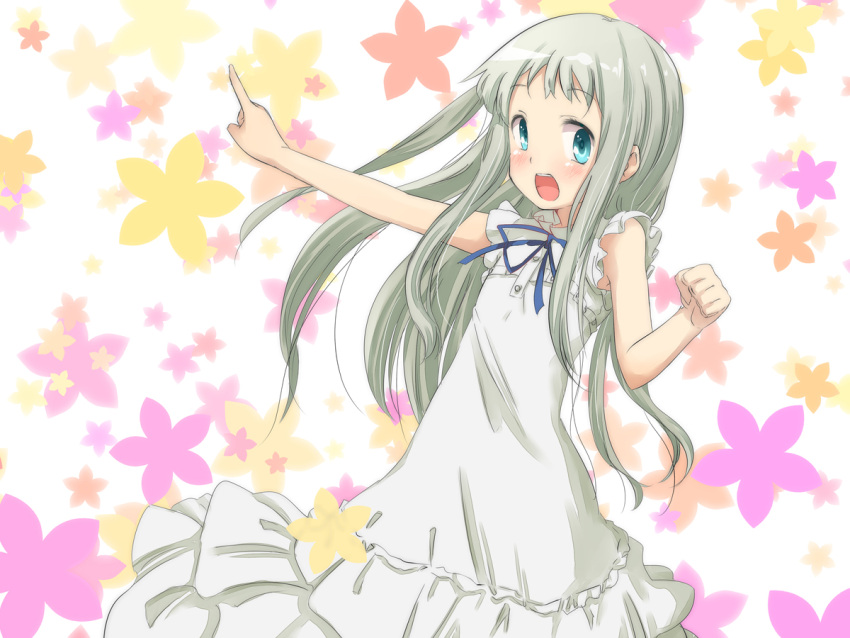 ano_hi_mita_hana_no_namae_wo_bokutachi_wa_mada_shiranai blue_eyes blush dress floral_background honma_meiko katanakko_daisuki long_hair open_mouth pointing silver_hair solo sundress