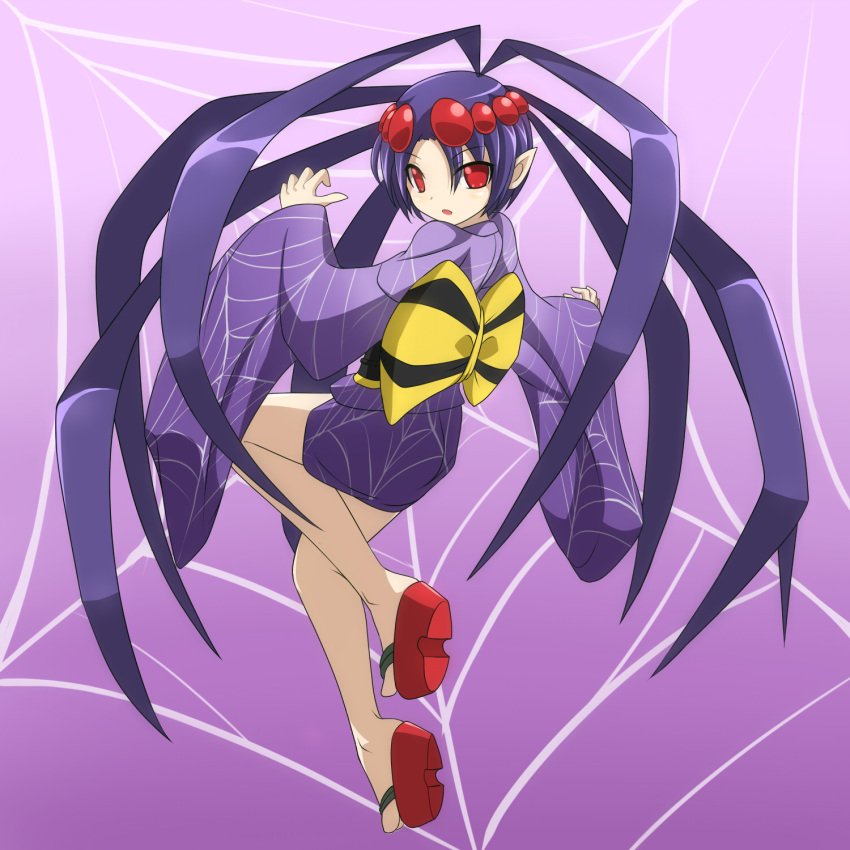 arachne arane bow clam_curry clog_sandals highres japanese_clothes kimono monster_girl no_pupils pointy_ears purple_hair queen's_blade queen's_blade_spiral_chaos red_eyes sandals short_hair spider_girl