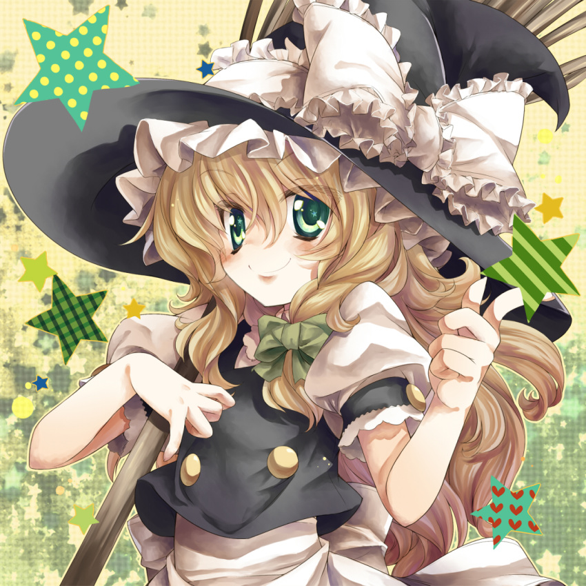 bad_id blonde_hair blush bow broom buttons face frills gotou_nao green_eyes hands hat hat_bow highres kirisame_marisa long_hair lucie smile solo star tepes touhou