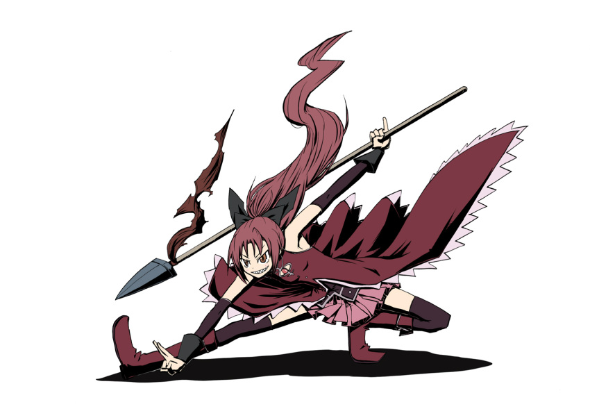 arm_warmers boots bow fighting_stance full_body hair_bow highres holding karu_(ishiken) long_hair mahou_shoujo_madoka_magica polearm ponytail pose red_eyes red_hair sakura_kyouko sharp_teeth simple_background solo spear thigh-highs thighhighs weapon white_background wide_stance