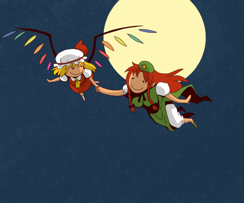 2girls can_you_read_my_mind flandre_scarlet flying full_moon hand_holding holding_hands hong_meiling moon multiple_girls night night_sky no_nose nurearare onikobe_rin sky smile star_(sky) starry_sky the_embodiment_of_scarlet_devil touhou wings