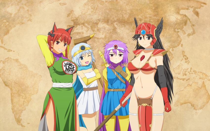 armor axe bikini_armor black_hair blue_eyes blue_hair braid breasts cat_ears chinese_clothes circlet cleavage cosplay dragon_quest dragon_quest_iii elbow_gloves erect_nipples fighter_(dq3) fighter_(dq3)_(cosplay) gloves grey_eyes head_wings helmet highres jean0503 kaenbyou_rin komeiji_koishi komeiji_satori large_breasts long_hair open_mouth purple_eyes purple_hair red_eyes red_hair redhead reiuji_utsuho roto roto_(cosplay) sage_(dq3) sage_(dq3)_(cosplay) short_hair side_slit smile soldier_(dq3) soldier_(dq3)_(cosplay) staff sword thigh-highs thighhighs thighs third_eye touhou twin_braids violet_eyes weapon wink