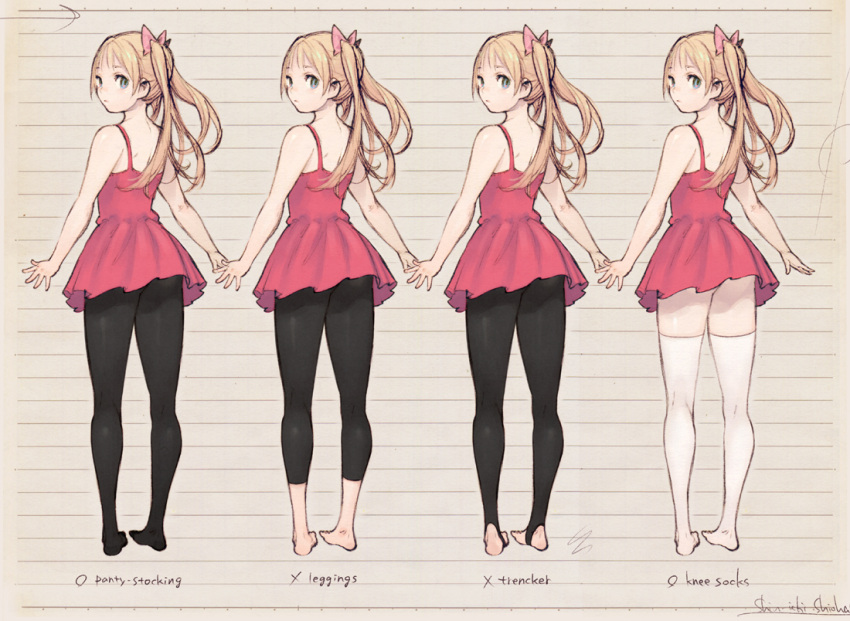 1girl artist_request barefoot black_legwear blonde_hair copyright_request hair_bow leggings long_hair looking_back pantyhose red_dress shiohara_shin'ichi shiohara_shinichi short_dress skirt solo standing thighhighs trencker twintails white_legwear zettai_ryouiki