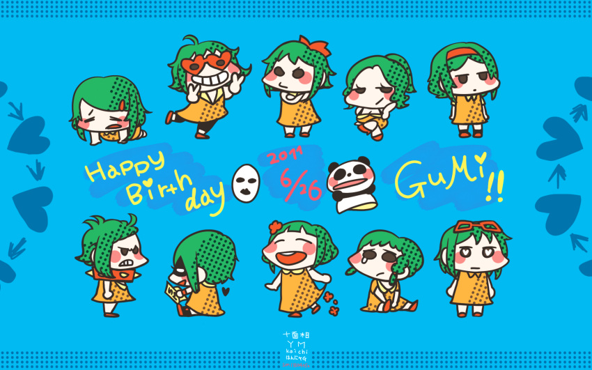 blue blush chibi crossed_arms dress glasses goggles grin gumi hair_flower hairband hairclip hannya_g happy_birthday heart juu_mensou_(vocaloid) mask multiple_persona panda puppet smile spiked_collar tear v vocaloid