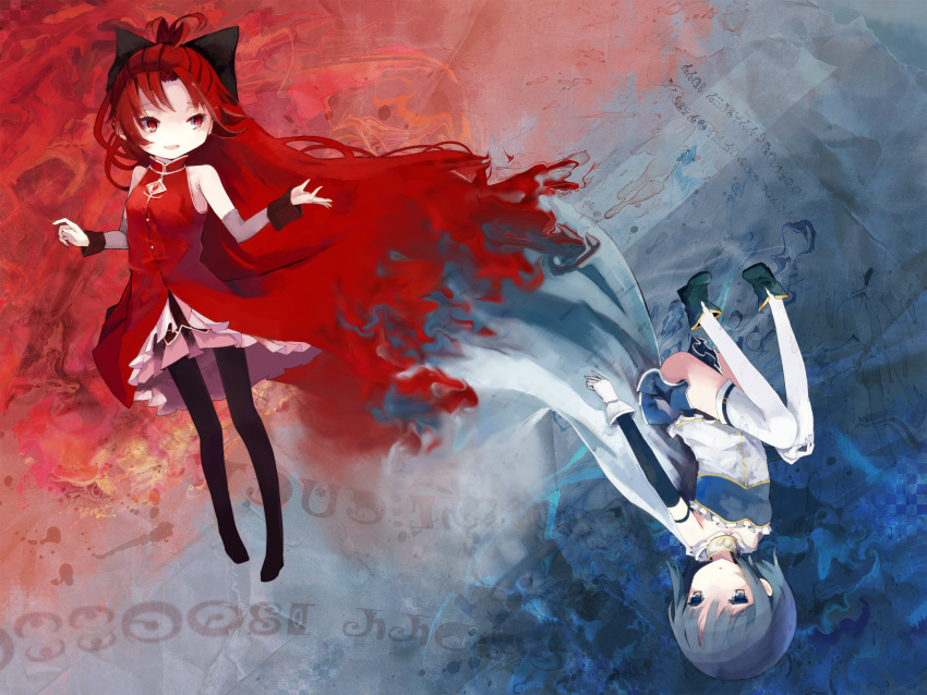 blue_eyes blue_hair cape ebra-hem highred highres long_hair madoka_runes magical_girl mahou_shoujo_madoka_magica miki_sayaka multiple_girls pantyhose ponytail red_eyes red_hair redhead rotational_symmetry sakura_kyouko short_hair yudough