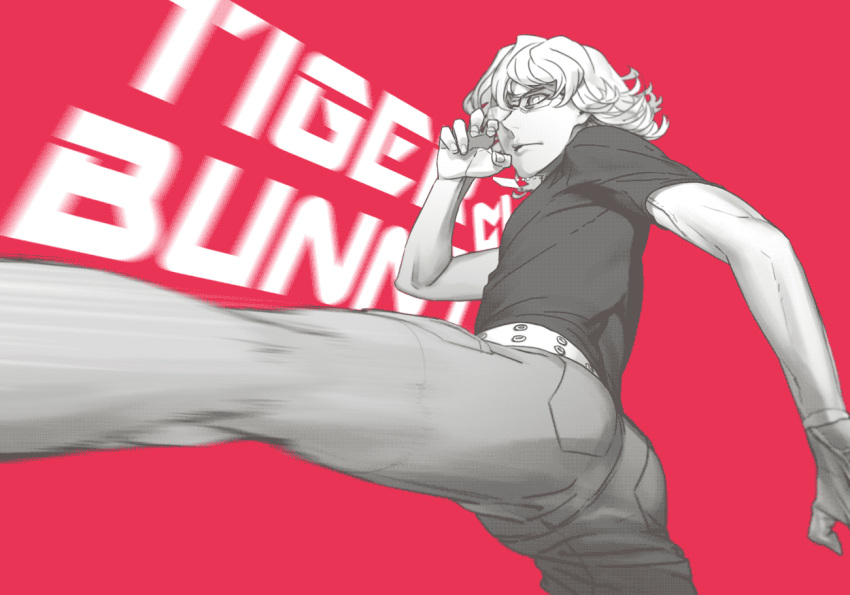 barnaby_brooks_jr belt glasses hanehito jeans kicking male monochrome motion_blur solo studded_belt t-shirt tiger_&amp;_bunny