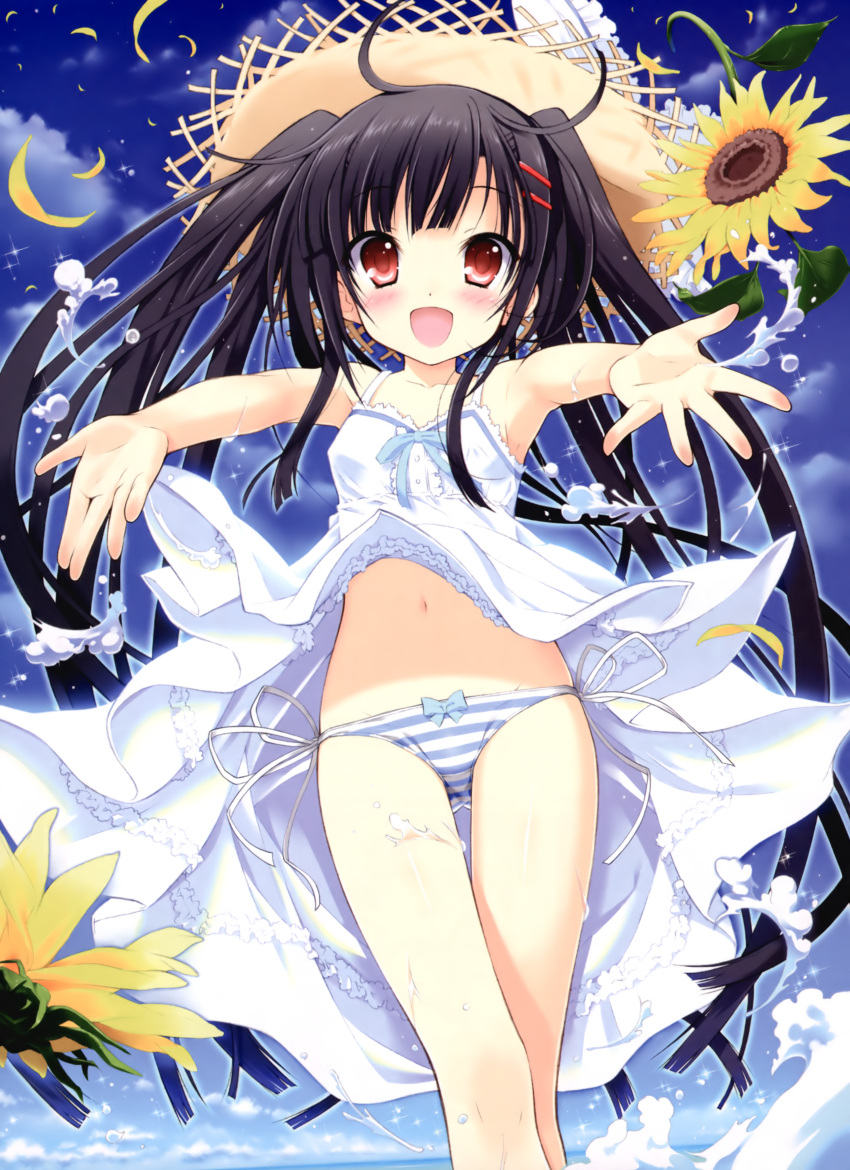 absurdres beach black_hair blue_sky blush bow brown_eyes cloud copyright_request dress feathers flower hair_ornament hairclip hairpin happy hat highres long_hair nakano_azusa navel no_bra ocean open_mouth panties petals red_eyes ribbon side-tie_panties sky smile smiling solo sparkle splash splashing straw_hat string_panties striped striped_panties sundress sunflower takahashi_tetsuya twintails underwear upskirt very_long_hair water white_dress wind