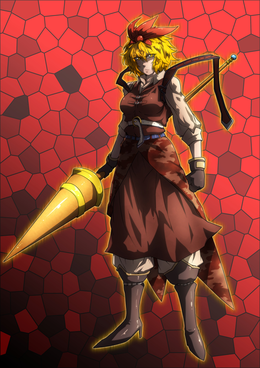 absurdres alternate_costume alternate_weapon blonde_hair boots high_heels highres incredibly_absurdres lance manly polearm sagattoru shoes solo toramaru_shou touhou weapon yellow_eyes