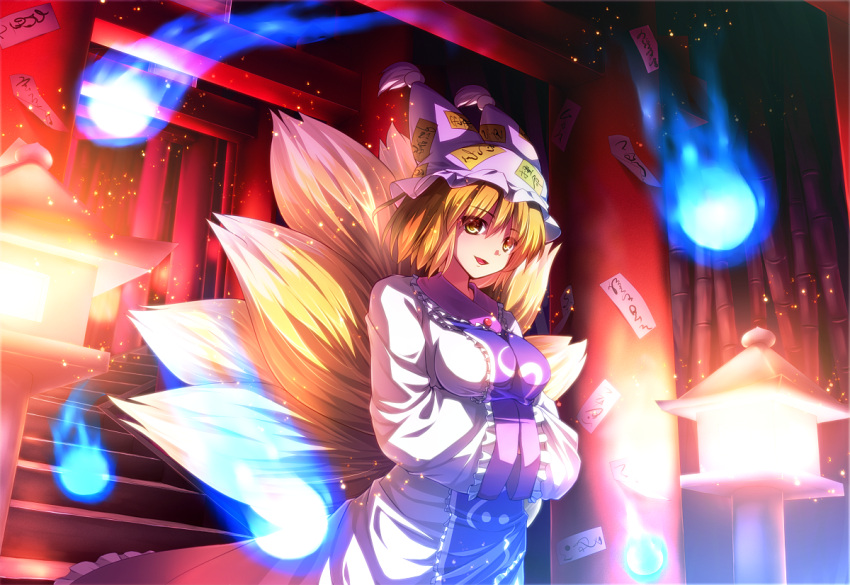 bamboo blonde_hair breasts fire fox_tail hands_in_sleeves hat high_res hitodama lantern multiple_tails ofuda open_mouth ryosios short_hair smile solo stairs tail torii touhou yakumo_ran yellow_eyes