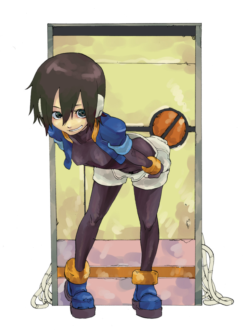 bent_over bodysuit breasts brown_eyes brown_hair capcom highres koto_(coto) rockman rockman_zx short_hair shorts solo undressing