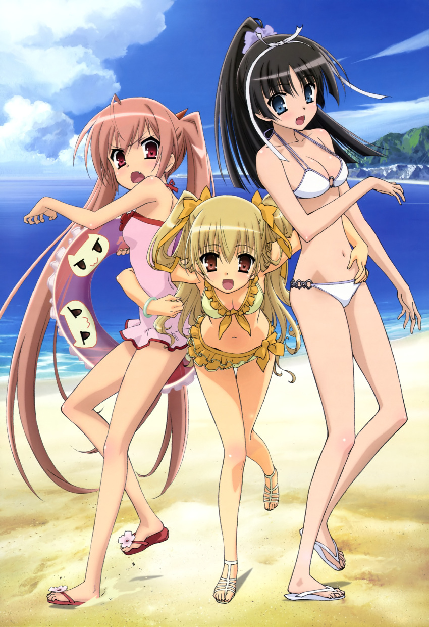 absurdres beach bikini black_hair blonde_hair blue_eyes bow breasts casual_one-piece_swimsuit cleavage fang hair_bow hidan_no_aria highres hotogi_shirayuki innertube kanzaki_h_aria legs long_hair mine_riko multiple_girls nyantye nyantype ocean official_art one-piece_swimsuit open_mouth red_eyes swimsuit twintails very_long_hair water