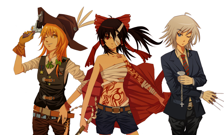 absurdres ahoge alternate_costume bandage_over_one_eye blonde_hair blue_eyes bow braid brown_hair chaos1402 contemporary formal gun hair_bow hair_tubes hakurei_reimu hat highres izayoi_sakuya kirisame_marisa long_hair multiple_girls navel necktie no_shirt pocket_watch red_eyes sarashi short_hair silver_hair sleeves_pushed_up suit sword touhou watch weapon yellow_eyes