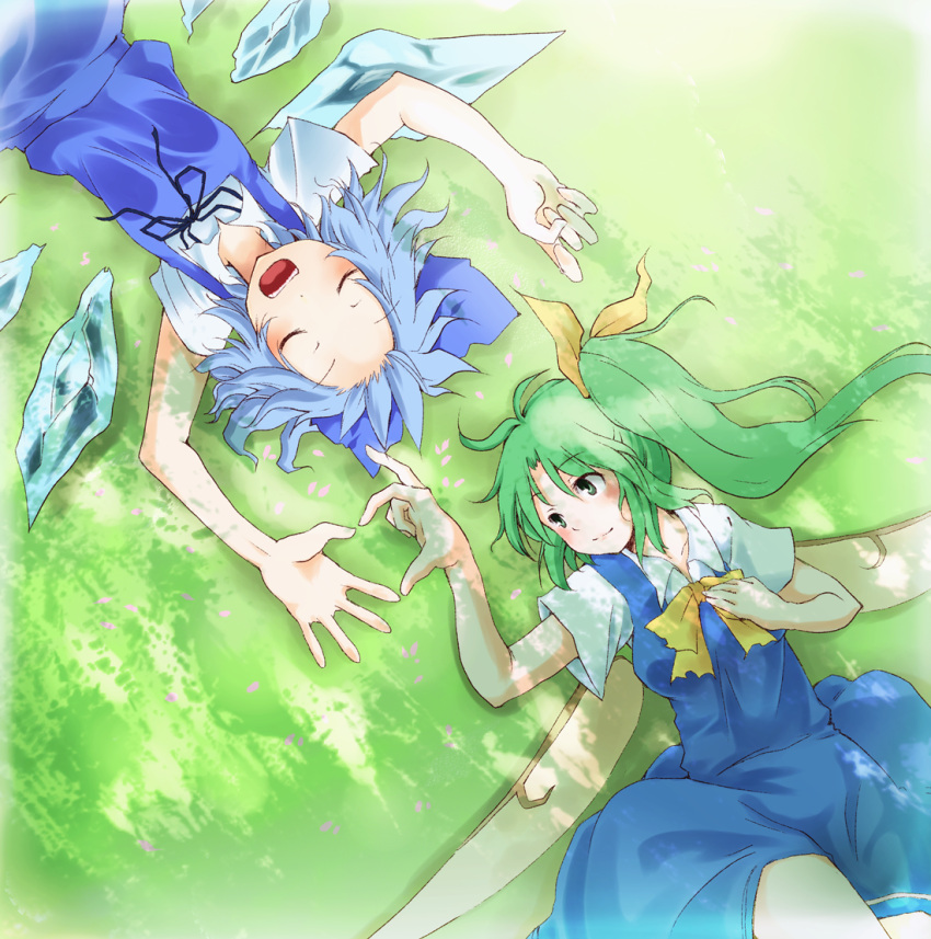 amagase_lyle arms_up blue_dress blue_hair bow cirno closed_eyes daiyousei dress eyes_closed grass green_eyes green_hair hair_bow hair_ribbon heart heart_hands heart_hands_duo lying multiple_girls neck_ribbon on_back open_mouth ribbon side_ponytail smile touhou wings