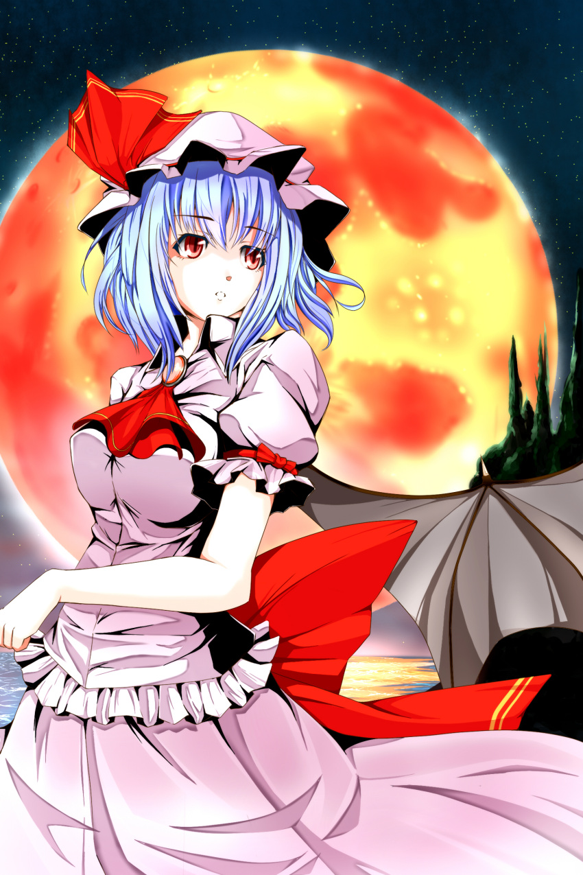 1girl :o absurdres ascot bat_wings blue_hair bow breasts brooch full_moon hat hat_ribbon highres irieventura jewelry looking_away mob_cap moon puffy_short_sleeves puffy_sleeves red_eyes red_moon remilia_scarlet ribbon short_hair short_sleeves skirt skirt_set sky solo star_(sky) starry_sky touhou tree water wings