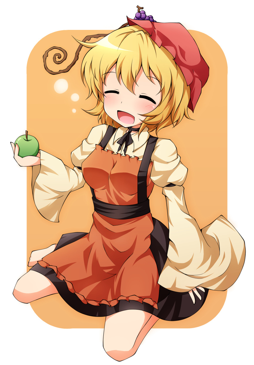 aki_minoriko apple barefoot blonde_hair blush brown_dress closed_eyes dress eyes_closed food fruit grapes green_apple hat highres holding holding_apple holding_fruit neck_ribbon open_mouth ribbon sitting smile solo taku10 touhou vines wariza