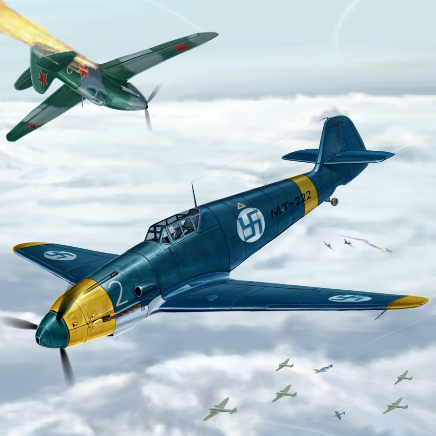 battle bf_109 bomber cloud finland finnish flying highres kcme mig-3 military original russian sky smoke soviet swastika world_war_ii wwii yak-1