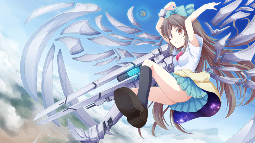 alternate_weapon alternate_wings arms_up artificial_wings bow brown_eyes brown_hair cannon cape cloud falling flying hair_bow highres looking_at_viewer mechanical_foot mechanical_wings necktie no_panties reiuji_utsuho school_uniform serafuku skirt sky solo space touhou tri upskirt weapon wings