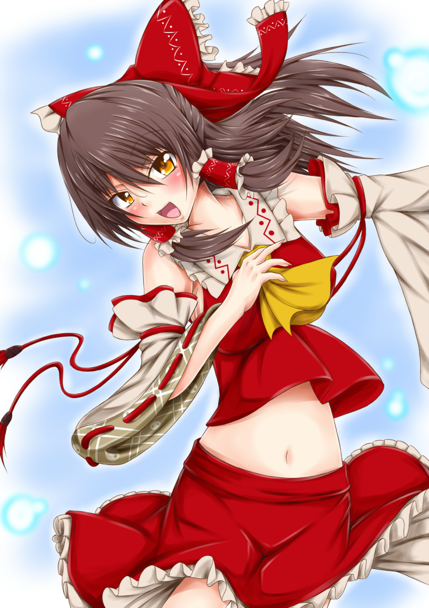 ascot brown_eyes brown_hair detached_sleeves hair_ribbon hakurei_reimu highres midriff miko navel ribbon skirt solo tjk touhou