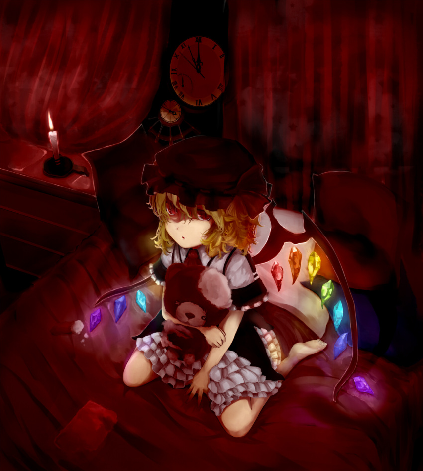 ascot bangs bare_legs blonde_hair candle clock couch curtains dress fire flame flandre_scarlet frills from_above glowing glowing_wings hair_between_eyes hat highres looking_up open_mouth pen_(pixiv257621) pillow red_eyes roman_numerals short_hair sitting slit_pupils solo star stuffed_animal stuffed_toy stuffing teddy_bear the_embodiment_of_scarlet_devil touhou wariza wings
