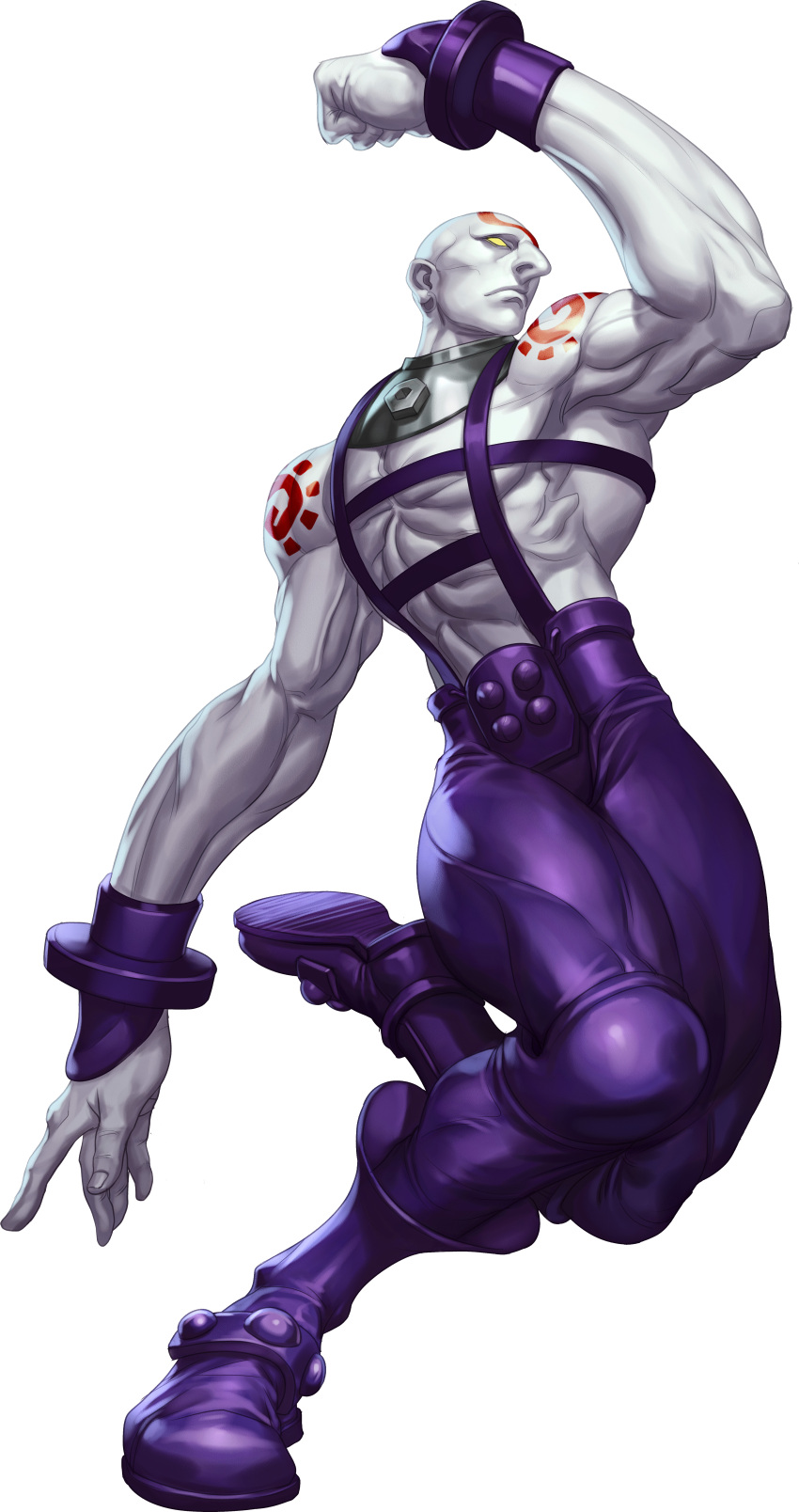 albino commentary highres muscle necro_(street_fighter) official_art simple_background solo stanley_lau street_fighter street_fighter_iii street_fighter_iii:_3rd_strike tattoo yellow_eyes
