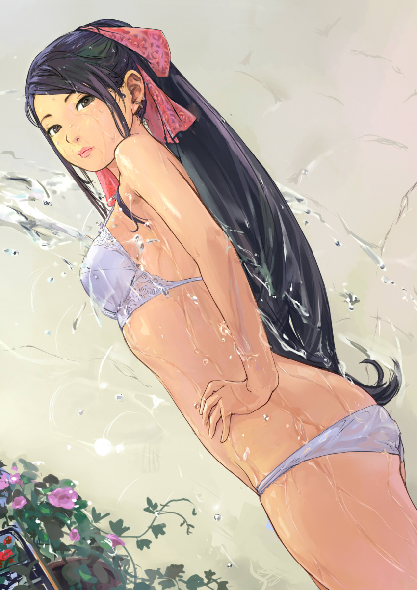 black_eyes black_hair bra carina_(xiaowoo) dutch_angle flower hand_on_hip highres hips lingerie long_hair lowleg_panties original panties solo standing underwear water wet wet_clothes wet_panties white_bra white_panties