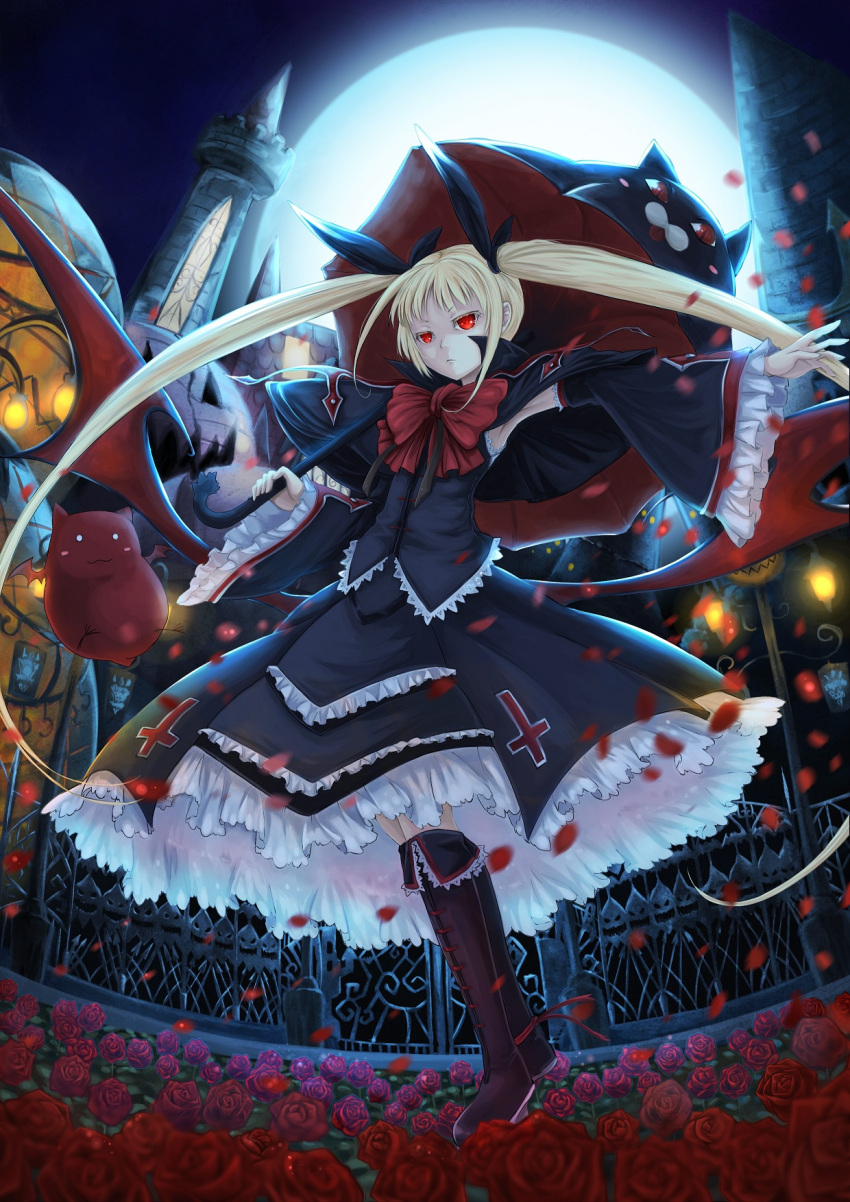 blazblue blonde_hair boots bow bowtie castle colored_eyelashes cross detached_sleeves flower frills gii gothic_lolita hair_bow highres knee_boots ks large_bow lolita_fashion long_hair moon nago outstretched_arm petals petticoat rachel_alucard red_eyes rose skirt skirt_set twintails umbrella vampire very_long_hair wings