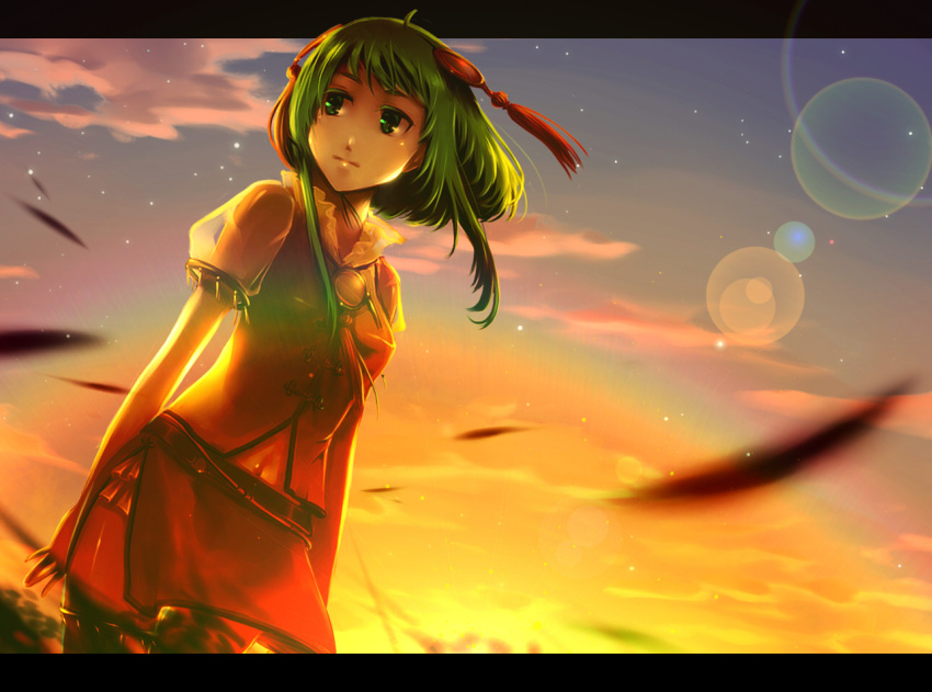 belt clouds dutch_angle green_eyes green_hair gumi hair_ornament letterboxed navel side_slit starcrown stars sunset vocaloid