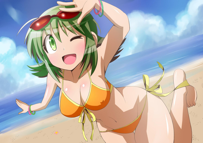 barefoot beach bikini blush bracelet breasts cleavage cloud front-tie_top gibuchoko green_eyes green_hair gumi highres hips jewelry leg_up navel open_mouth shading_eyes short_hair side-tie_bikini sky solo sunglasses sunglasses_on_head swimsuit vocaloid wink
