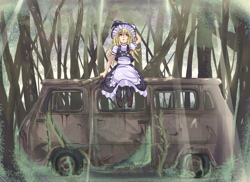 blonde_hair bow braid broom daito forest hair_bow hat kirisame_marisa long_hair mold motor_vehicle nature open_mouth red_eyes solo touhou van vehicle witch witch_hat