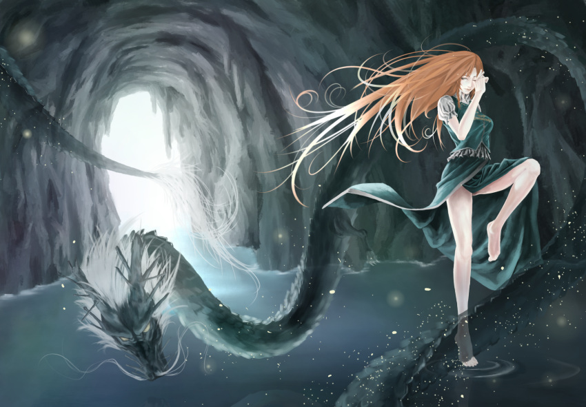 akaikitsune bad_id barefoot blue_eyes breasts cave dragon eastern_dragon ex-meiling feet_in_water highres hong_meiling large_breasts long_hair red_hair redhead side_slit skirt soaking_feet solo touhou water