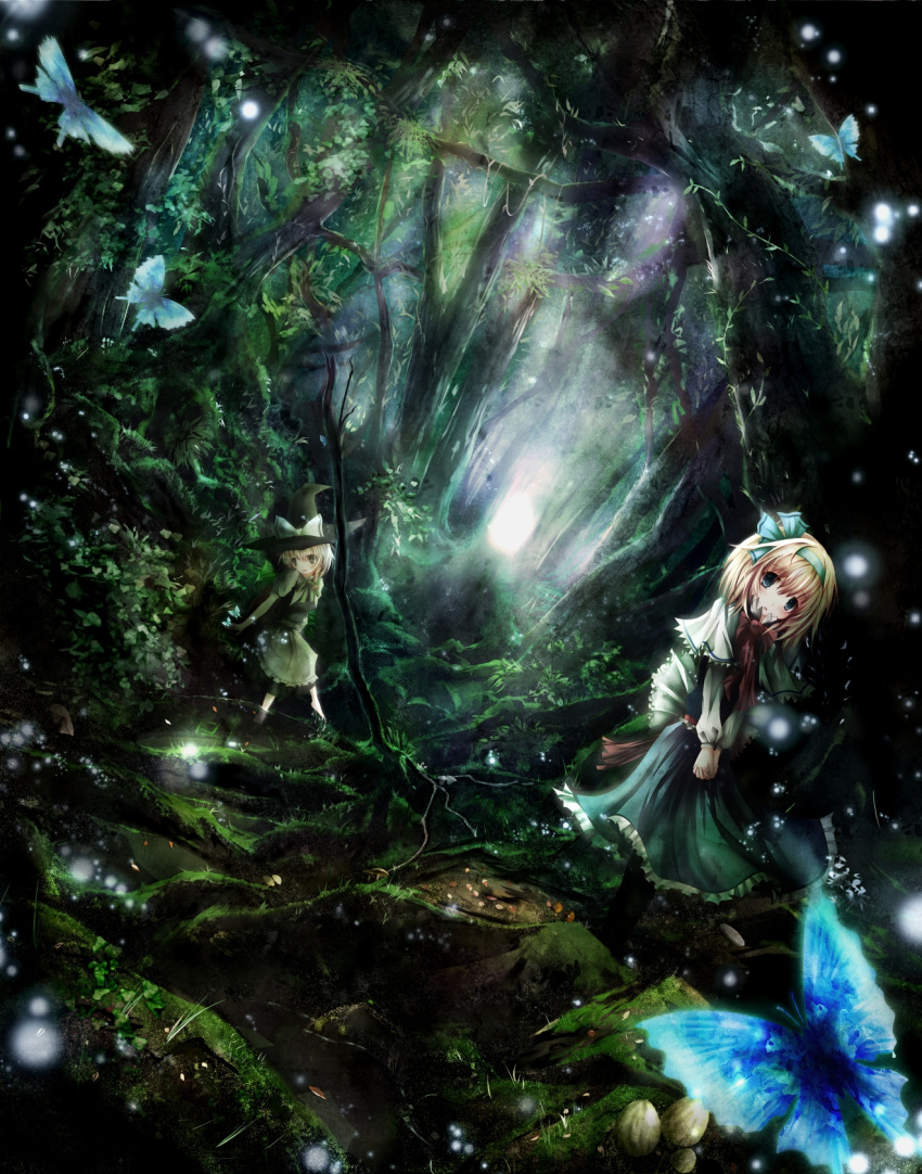 alice_margatroid apple228 black_dress blonde_hair blue_dress butterfly capelet dress forest green_eyes hair_ribbon hat highres kirisame_marisa multiple_girls mushroom nature ribbon touhou v_arms witch witch_hat yellow_eyes