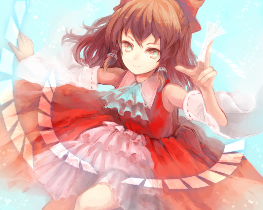 ascot bad_id bow brown_eyes brown_hair detached_sleeves embellished_costume frills hair_bow hair_tubes hakurei_reimu japanese_clothes miko ofuda outstretched_arm shigu short_hair smile solo touhou