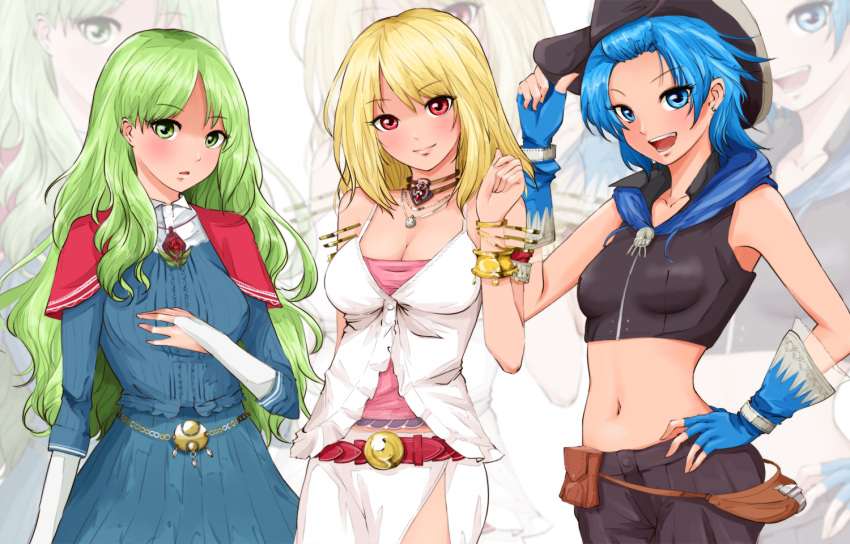 3girls :d belt blonde_hair blue_eyes blue_hair blush bracelet breasts bridal_gauntlets character_request cleavage copyright_request earrings fingerless_gloves gloves green_eyes green_hair hand_on_hat hand_on_hip hat hips jewelry long_hair midriff multiple_girls navel necklace open_mouth pouch red_eyes saijou_hirokazu short_hair side_slit smile zoom_layer