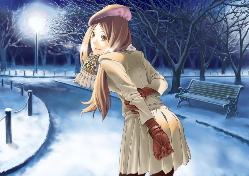 beret brown_hair gloves hat hata_yui highres lamppost park scarf skirt snow solo