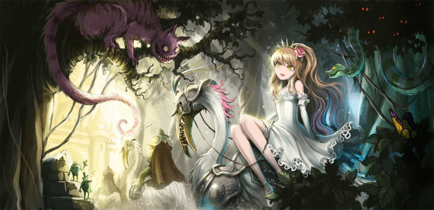 butterfly castle cat cheshire_cat dress fantasy flower forest frog hair_flower hair_ornament hat highres nature open_mouth original riding snake top_hat tree ume_(illegal_bible) yellow_eyes