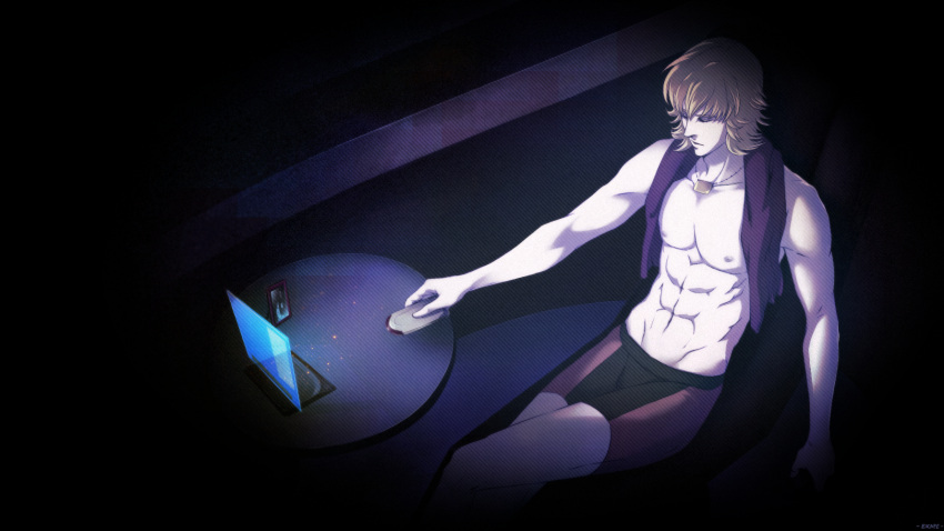 blonde_hair computer escape080 eyelashes glasses highres male manly muscle nipples no_glasses photo photo_(object) remote shirtless shorts tiger_&amp;_bunny