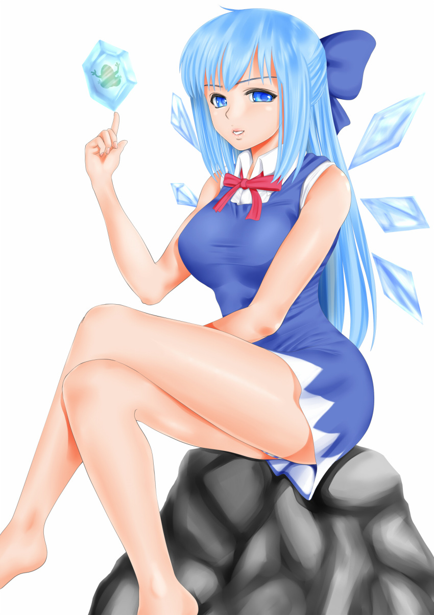 adult blue_hair cirno cirno-nee crossed_legs frog frozen highres legs_crossed long_hair sitting solo touhou