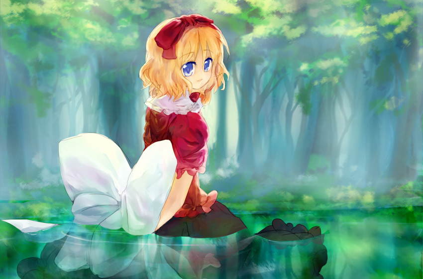 blonde_hair blue_eyes bow dqn_(dqnww) forest frills hair_bow large_bow looking_back medicine_melancholy nature short_hair solo submerged touhou tree water