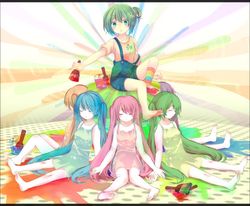barefoot closed_eyes dress eyes_closed feet hatsune_miku highres long_hair maimu_(polka) paint paintbrush sitting strap_slip suspenders twintails very_long_hair vocaloid young