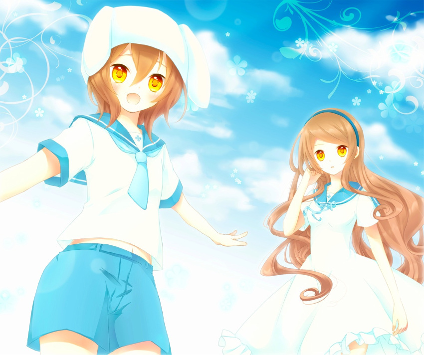 1girl :d akane_(goma) akira_(goma) animal_ears blush brother_and_sister brown_hair bunny_ears cloud dress goma_(11zihisin) hairband hat long_hair midriff navel open_mouth original outstretched_arms sailor_collar sailor_dress school_uniform serafuku short_hair shorts siblings sky smile spread_arms trap twins wavy_hair yellow_eyes