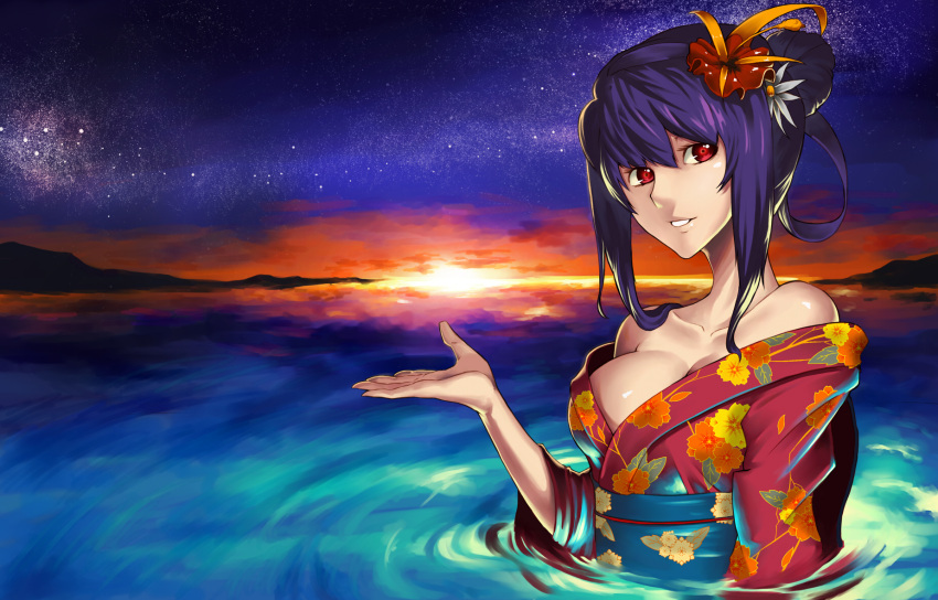 breasts cleavage copyright_request flower hair_bun hair_flower hair_ornament highres japanese_clothes jjune kimono large_breasts mountain off_shoulder purple_hair red_eyes sky smile solo star_(sky) starry_sky sunset wading water
