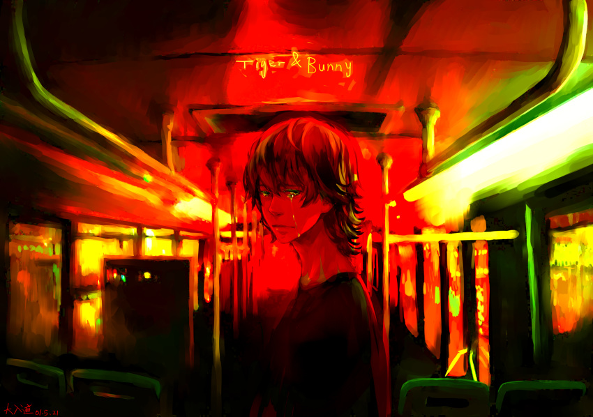 barnaby_brooks_jr bus bus_interior cacaococoa highres male motor_vehicle muted_color muted_colors oonyuudou solo tears tiger_&amp;_bunny vehicle