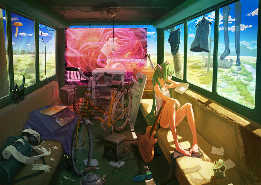 animal artist_request barefoot bicycle blimp boots broken_glass bus bus_interior cameo cat cloud dirigible feet glass green_eyes green_hair guitar hatsune_miku highres huu00 instrument kagamine_rin kagamine_rin_(cameo) kettle long_hair magazine megurine_luka motor_vehicle panties poster poster_(object) poverty refrigerator scenery sitting sky solo thigh_boots thighhighs toilet_paper twintails underwear vehicle vocaloid