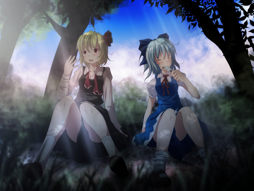 2girls ahoge arm_support black_shoes blonde_hair blue_hair blush bow cirno closed_eyes eating eyes_closed food forest highres ice_cream multiple_girls nature necktie red_eyes ribbon rumia s-syogo shoes sitting skirt sky sweat the_embodiment_of_scarlet_devil touhou tree upskirt white_legwear youkai