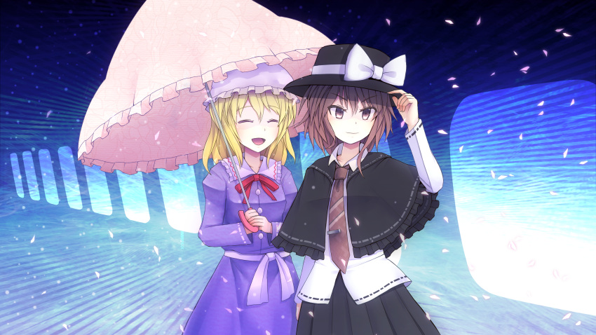 absurdres bad_id blonde_hair blush bow brown_eyes brown_hair capelet cherry_blossoms closed_eyes dress eyes_closed fai_(zigzagflamberge) hand_on_hat hat hat_tip highres long_hair maribel_hearn multiple_girls necktie open_mouth petals sanuki_(zigzagflamberge) short_hair smile touhou umbrella usami_renko