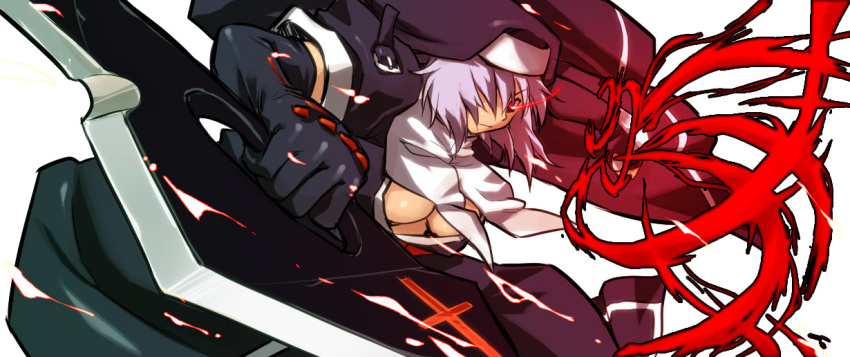 black_gloves blade breasts clenched_hands elbow_gloves fist gloves habit hair_over_one_eye lavender_hair m.u.g.e.n mugen_(game) nun nyal_lathotep original ouma_tokiichi red_eyes simple_background solo weapon white_hair