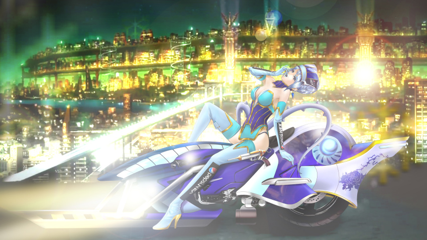 absurdres bare_shoulders blackaxela blue_eyes blue_hair blue_rose_(tiger_&amp;_bunny) boots breasts cleavage earrings elbow_gloves fingernails gloves hat high_heels highres jewelry karina_lyle lipstick motorcycle pepsi_nex product_placement shoes short_hair solo superhero thigh-highs thigh_boots thighhighs tiger_&amp;_bunny vehicle yawning