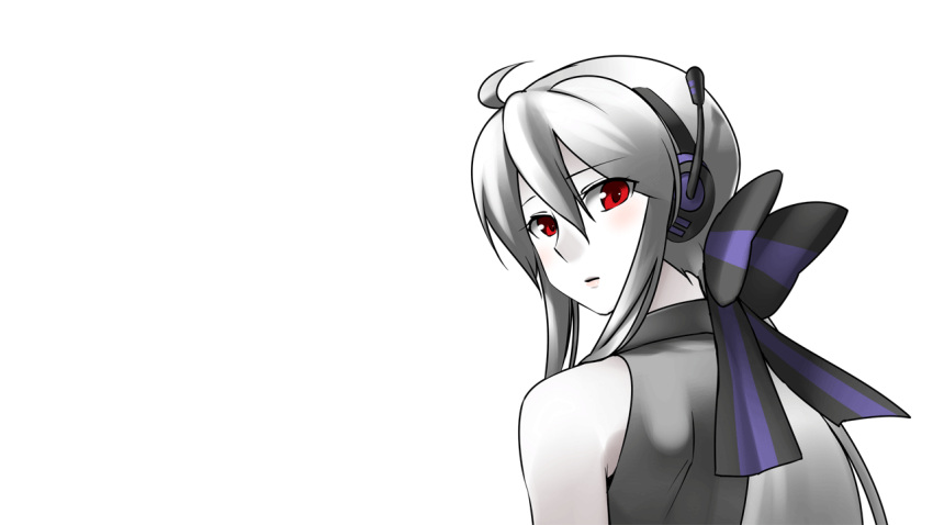 animated animated_gif blush bow bust caffein cyber_diver_(vocaloid) detached_sleeves gif hair_bow hair_ribbon headset long_hair looking_back open_mouth red_eyes ribbon silver_hair simple_background smile solo teeth vocaloid yowane_haku